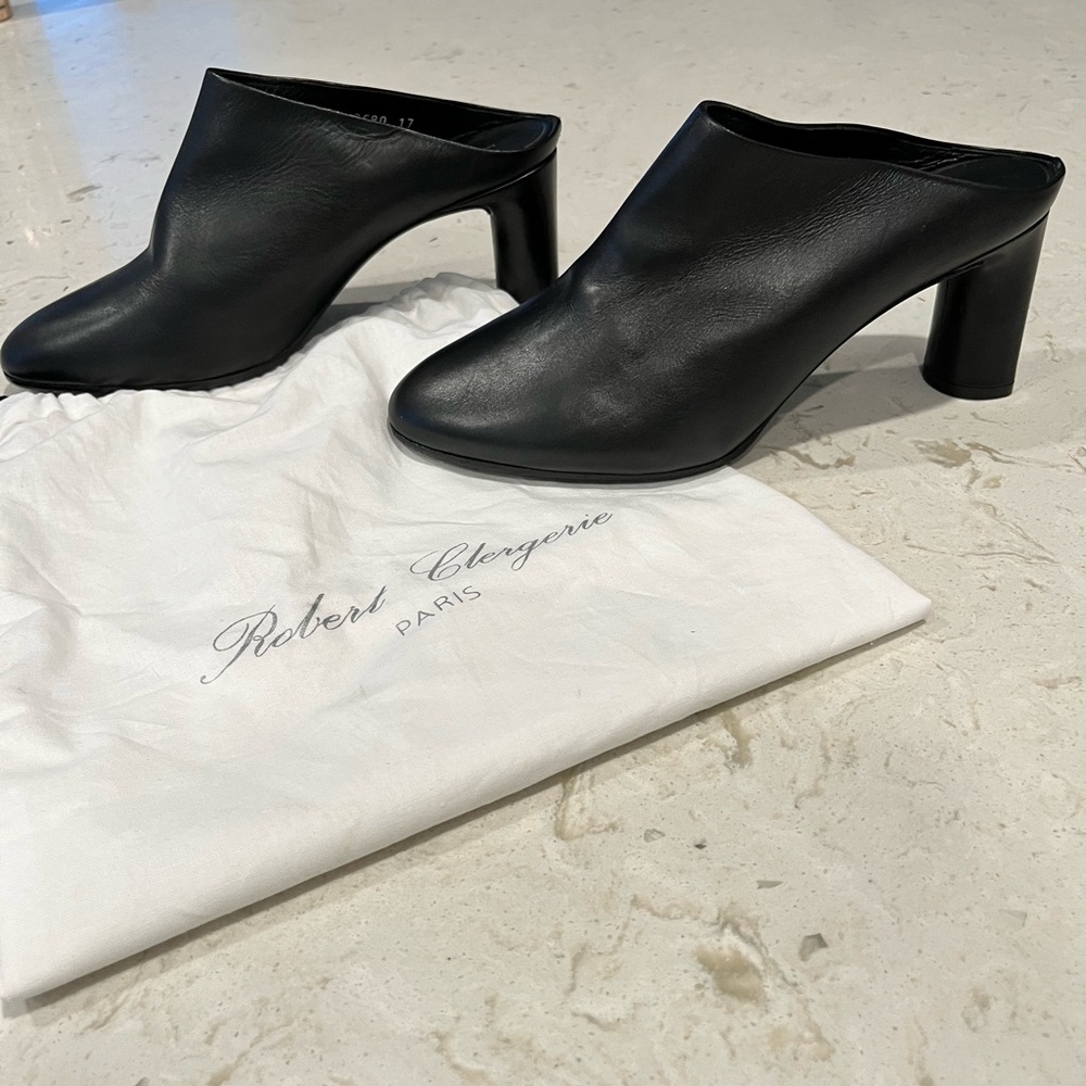 Robert Clergerie Black Leather Mules with Block Heels